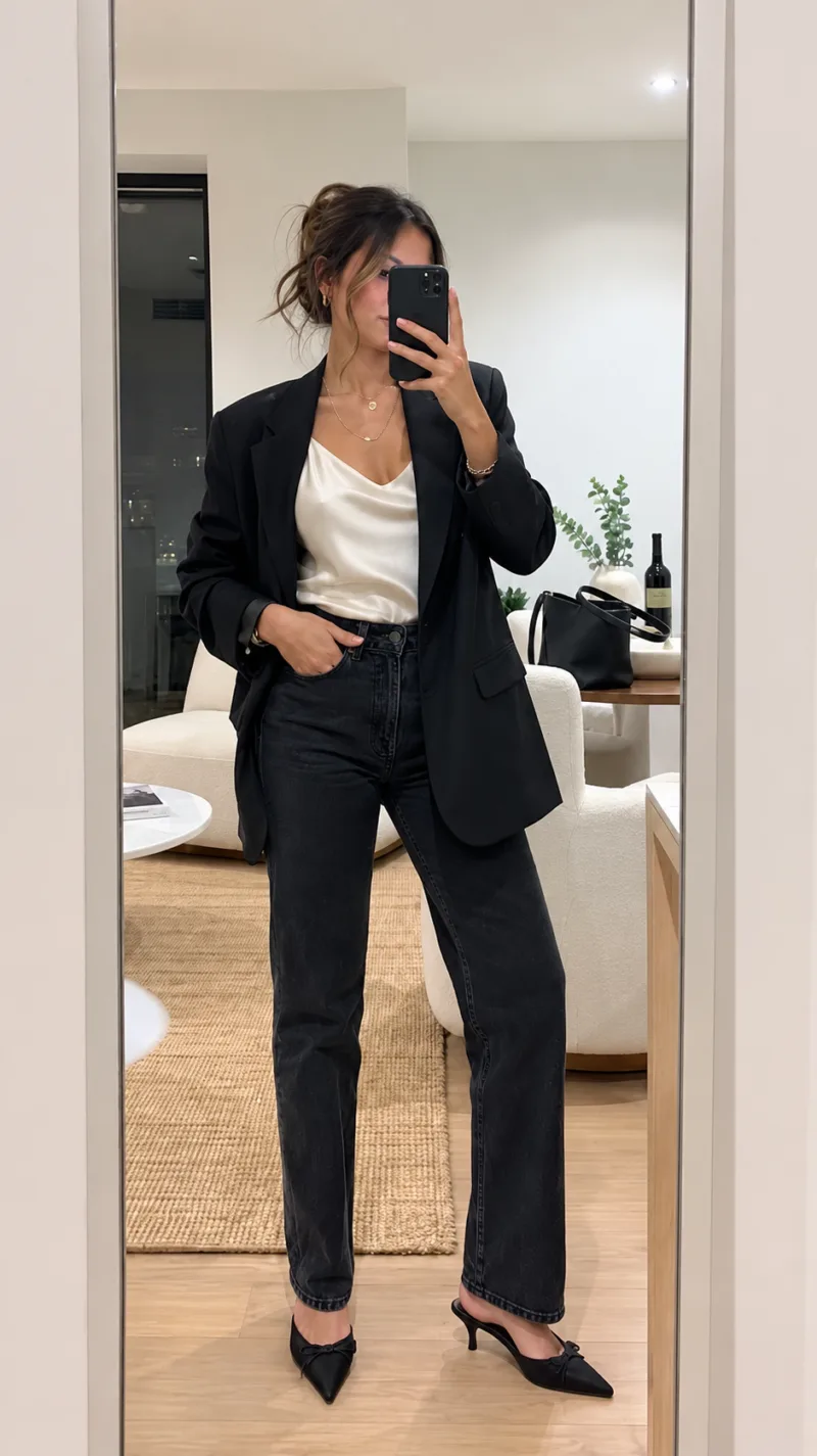 A black blazer over a light camisole