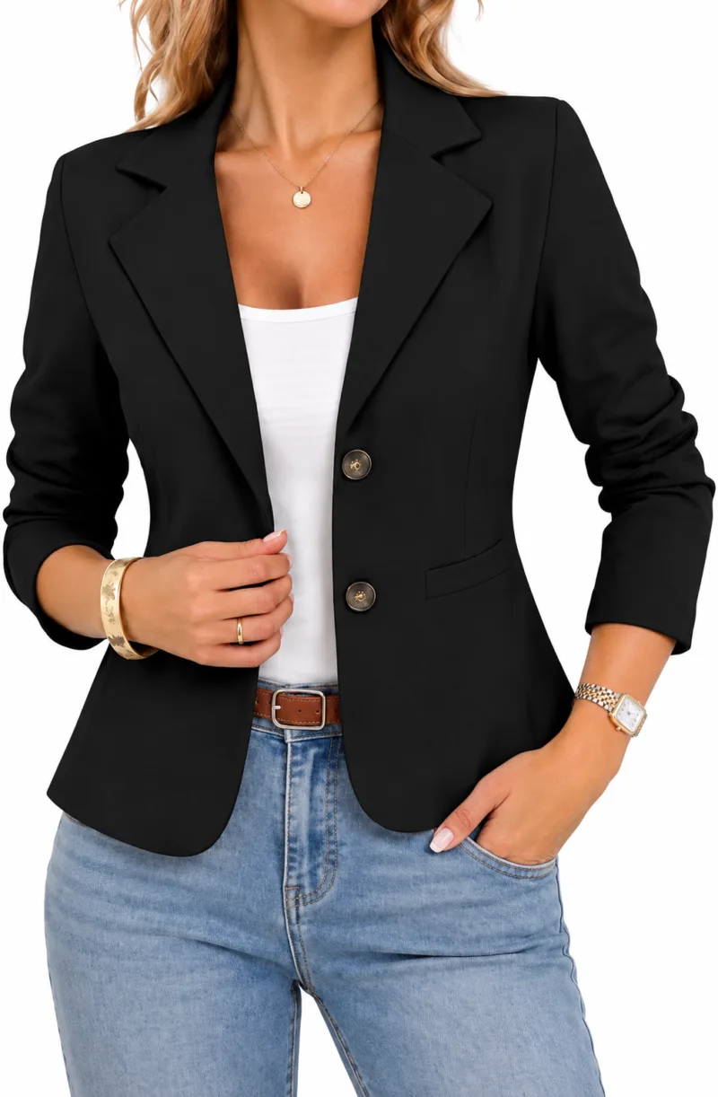 A fitted black blazer with blue jeans