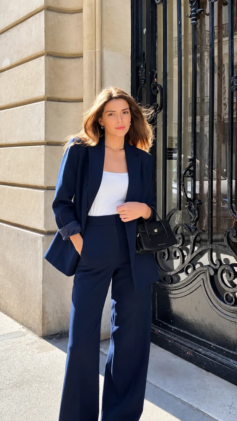 A navy suit with a simple white base