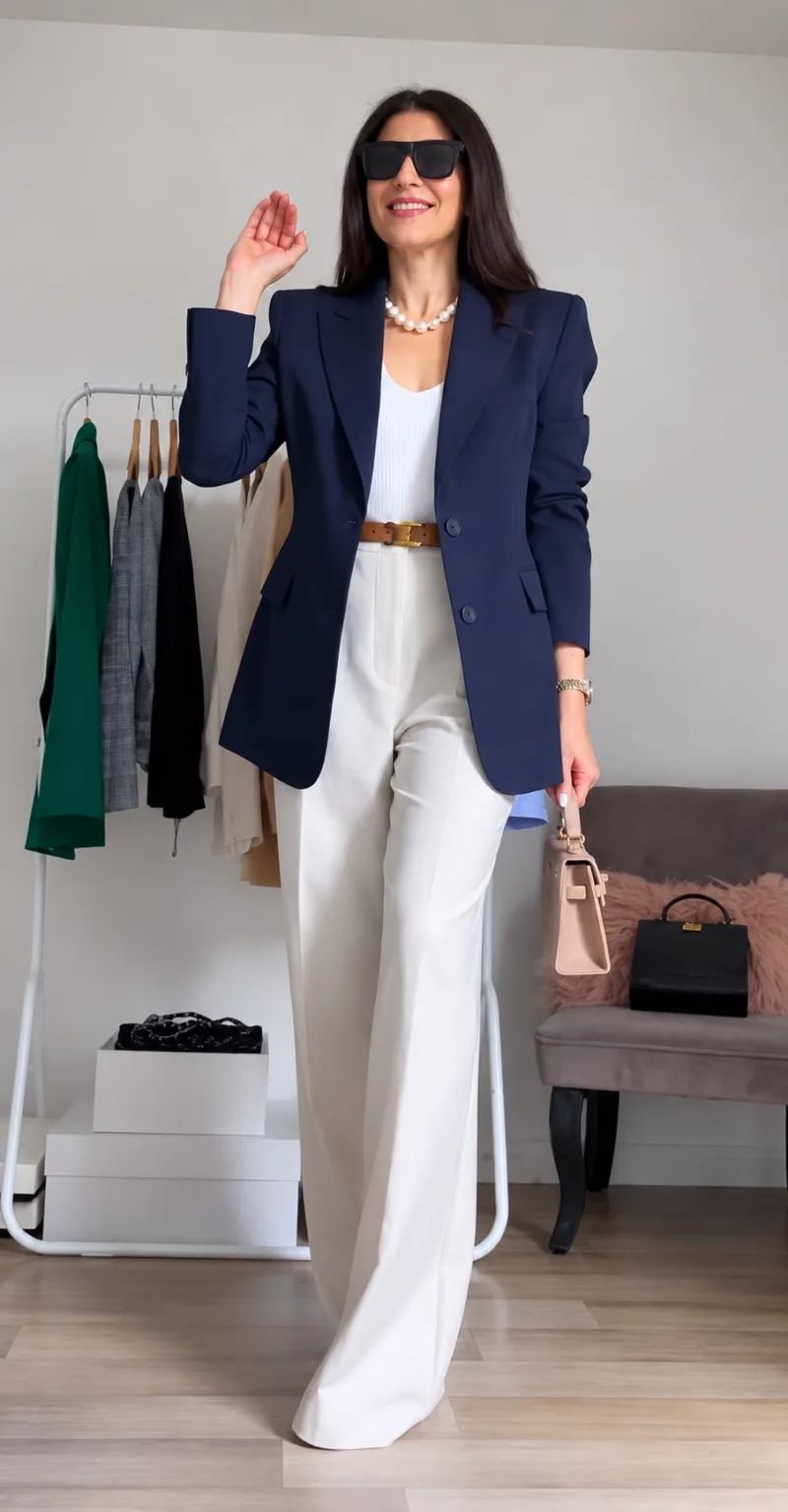 A navy blazer with wide-leg white trousers
